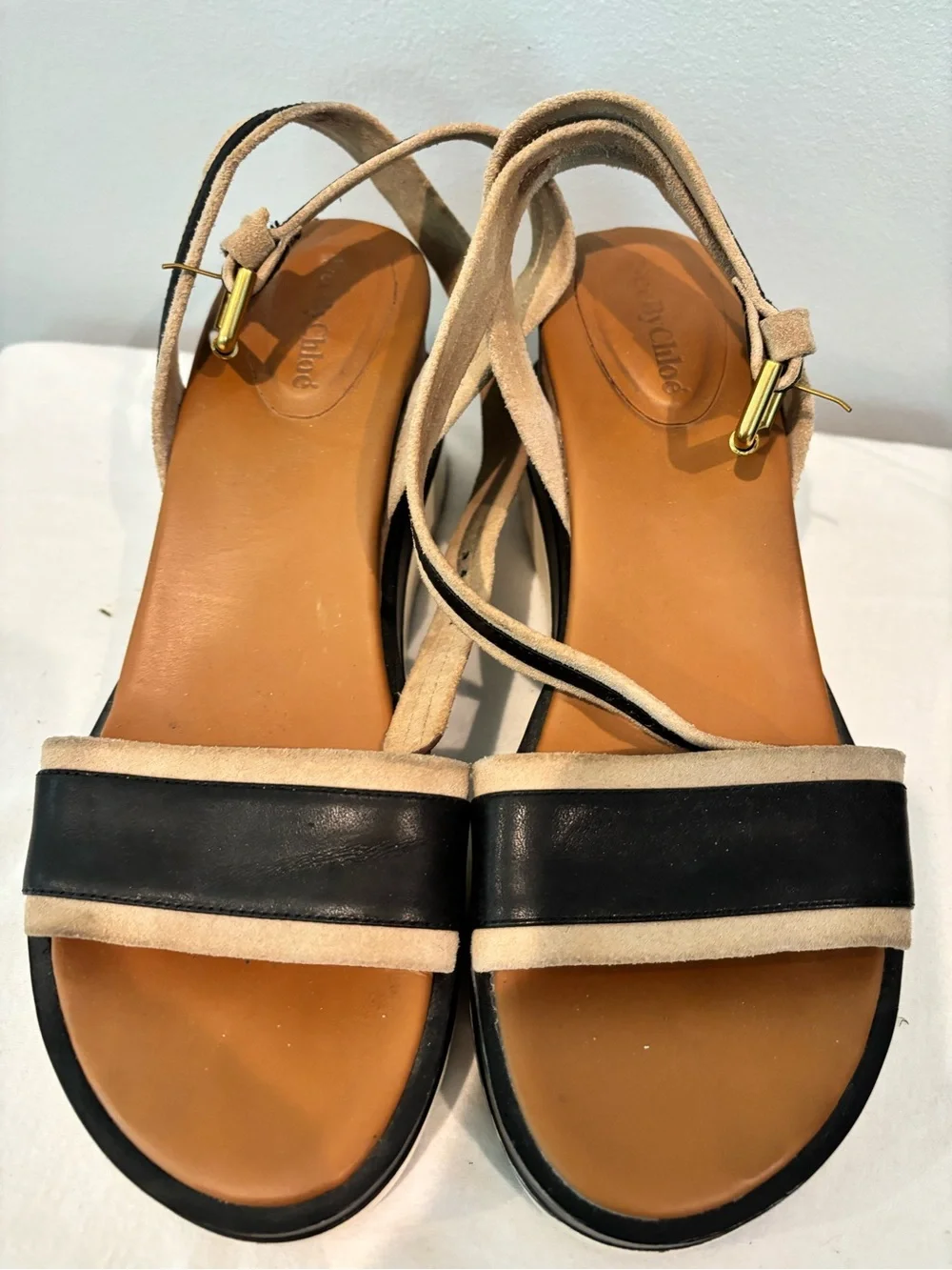 See By Chloé Black and Tan Platform Slingback Sandals